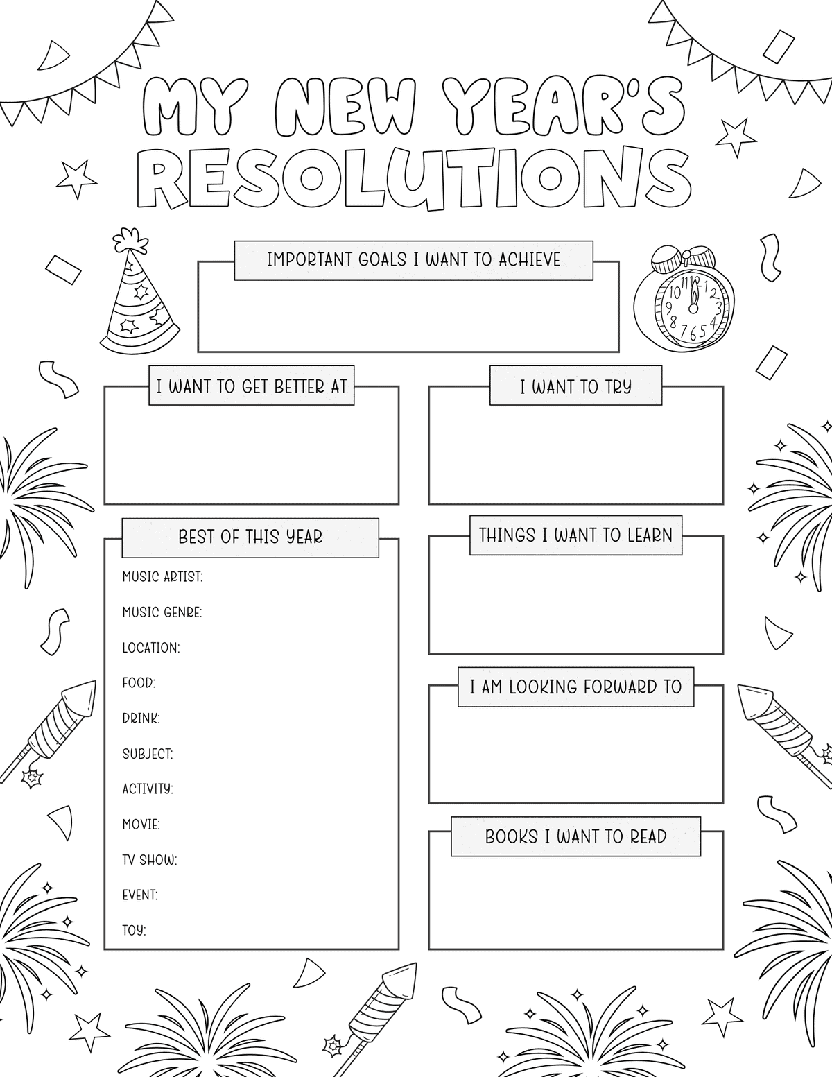 Free printable New Year's resolutions worksheet for kids with sections for important goals, getting better at, trying something new, things to learn, looking forward to, books to read, and