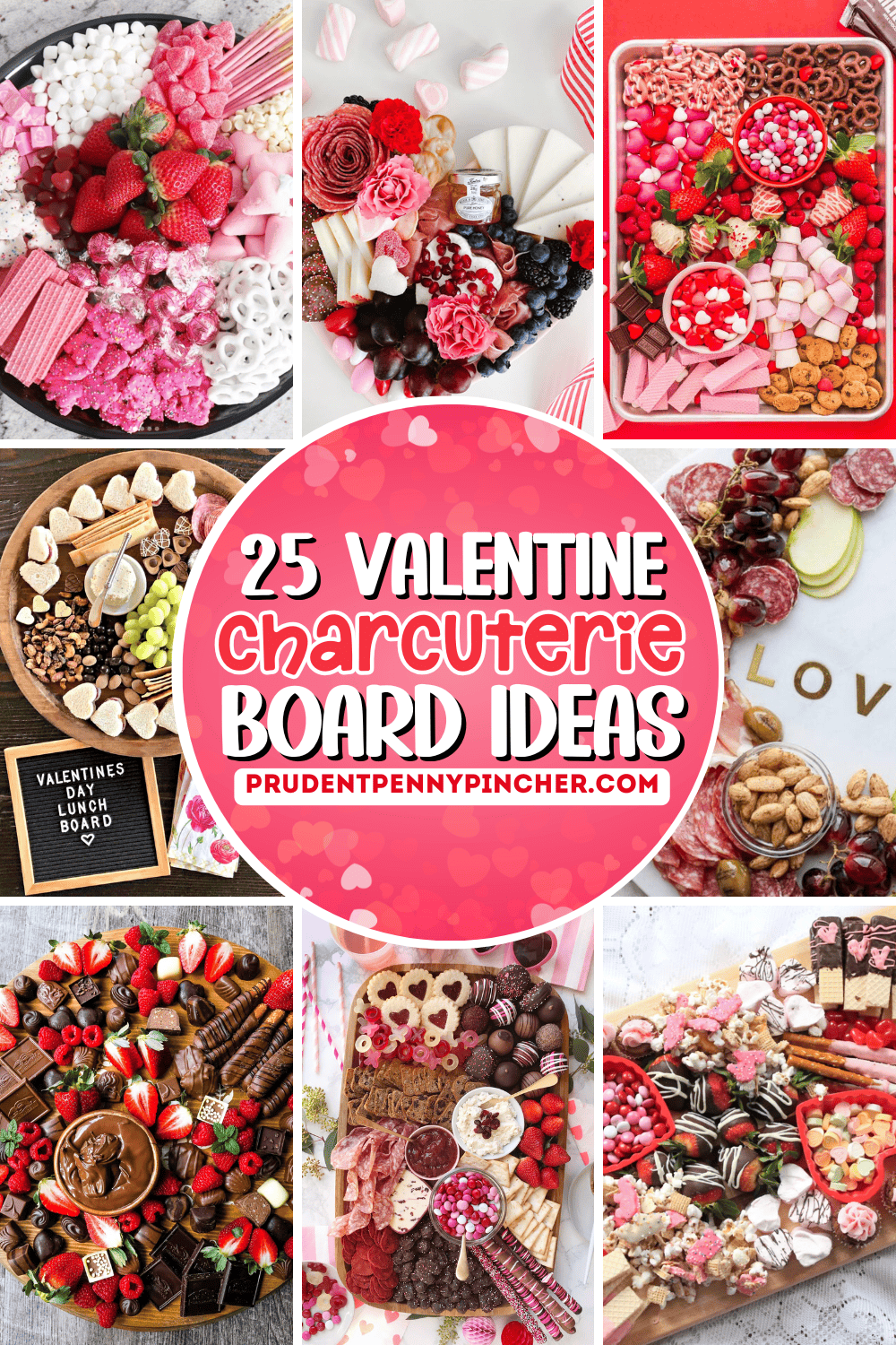 A collage of Valentine charcuterie boards with chocolate, strawberries, candy, cookies, wafers, marshmallows, and meat and cheese