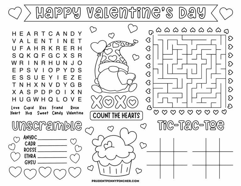 Free Printable Valentine's Day Activity Placemat for Kids - Prudent ...