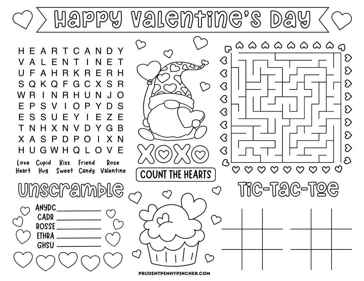 Free printable Valentine’s Day activity placemat with a “Happy Valentine’s Day” banner, word search, heart maze, tic-tac-toe, word scramble, count-the-hearts section, and cute gnome and cupcake drawings surrounded by hearts.