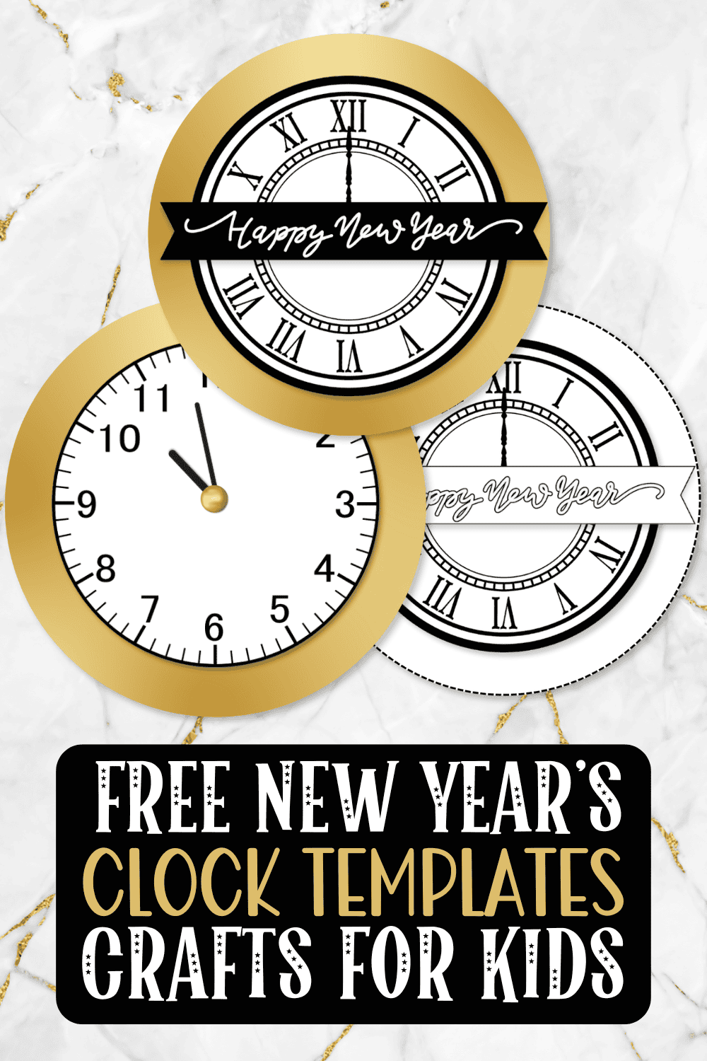 three New Year’s midnight clock templates on a white marble background with gold accents.