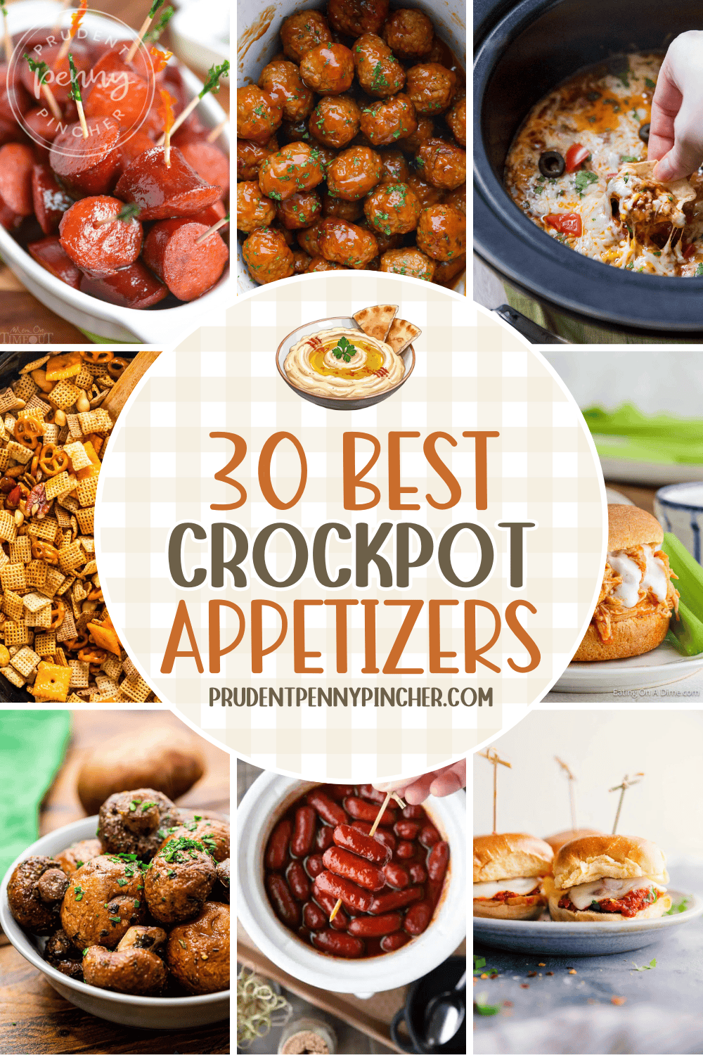 a collage of crockpot appetizers including kielbasa bites, saucy meatballs, cheesy dip, Chex mix, seasoned mushrooms, little smokies, and sliders.