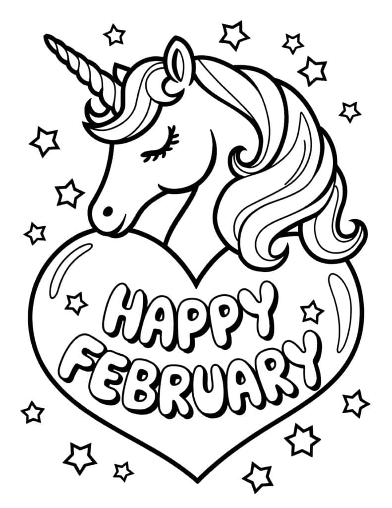 Happy February Unicorn Coloring Page