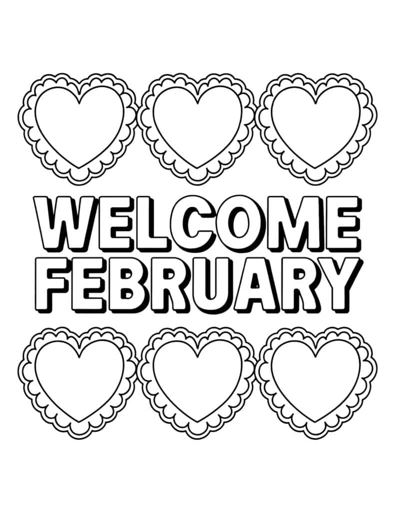 Welcome February Scalloped Hearts Coloring Page