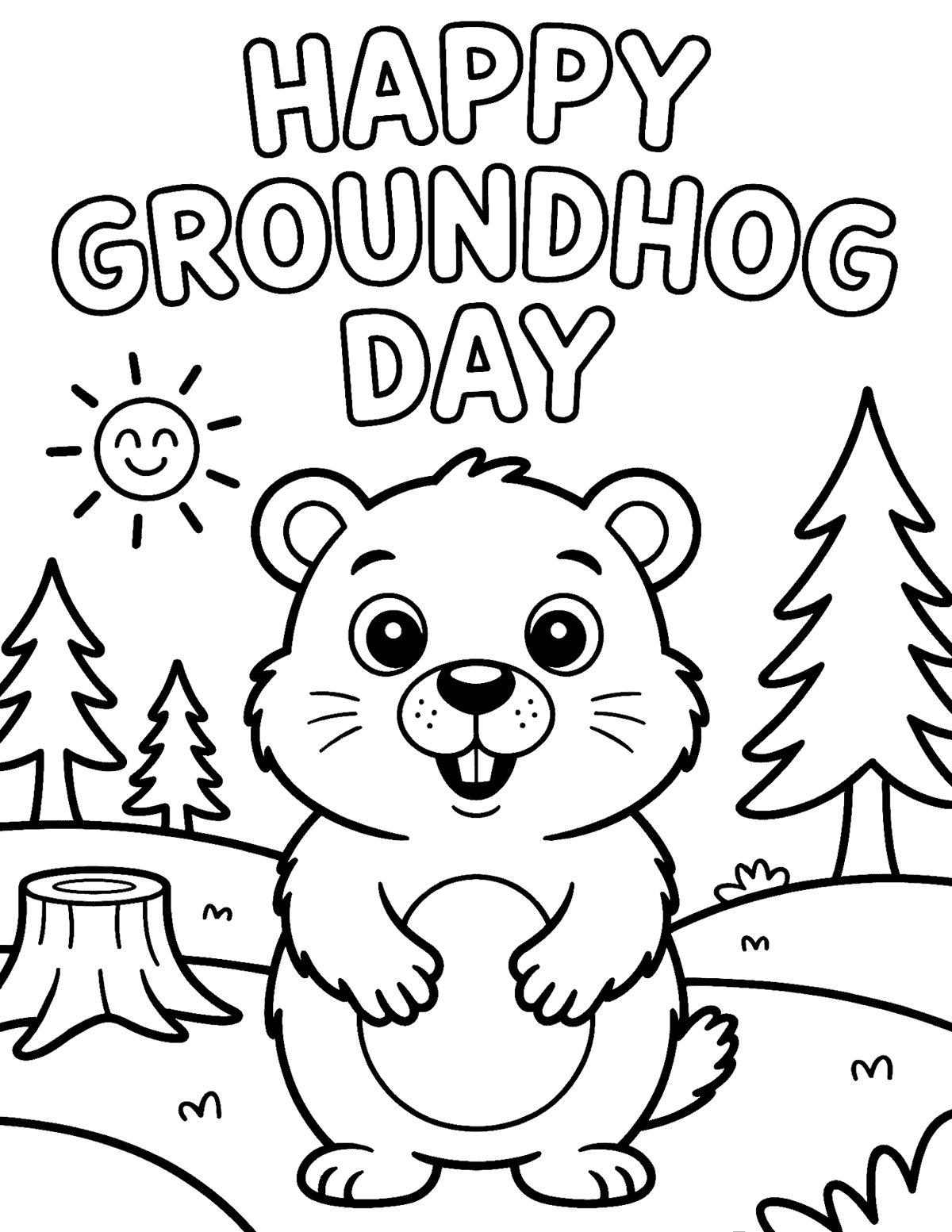 a smiling groundhog in a forest scene with pine trees, a stump, and a smiling sun.