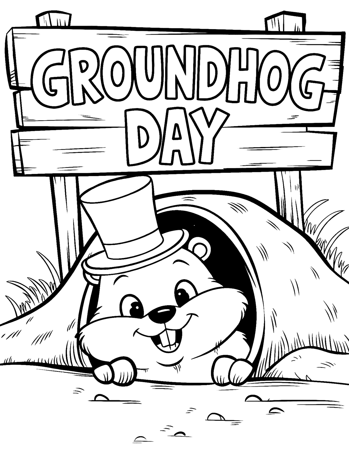 groundhog peeking from a burrow beneath a wooden sign coloring page.