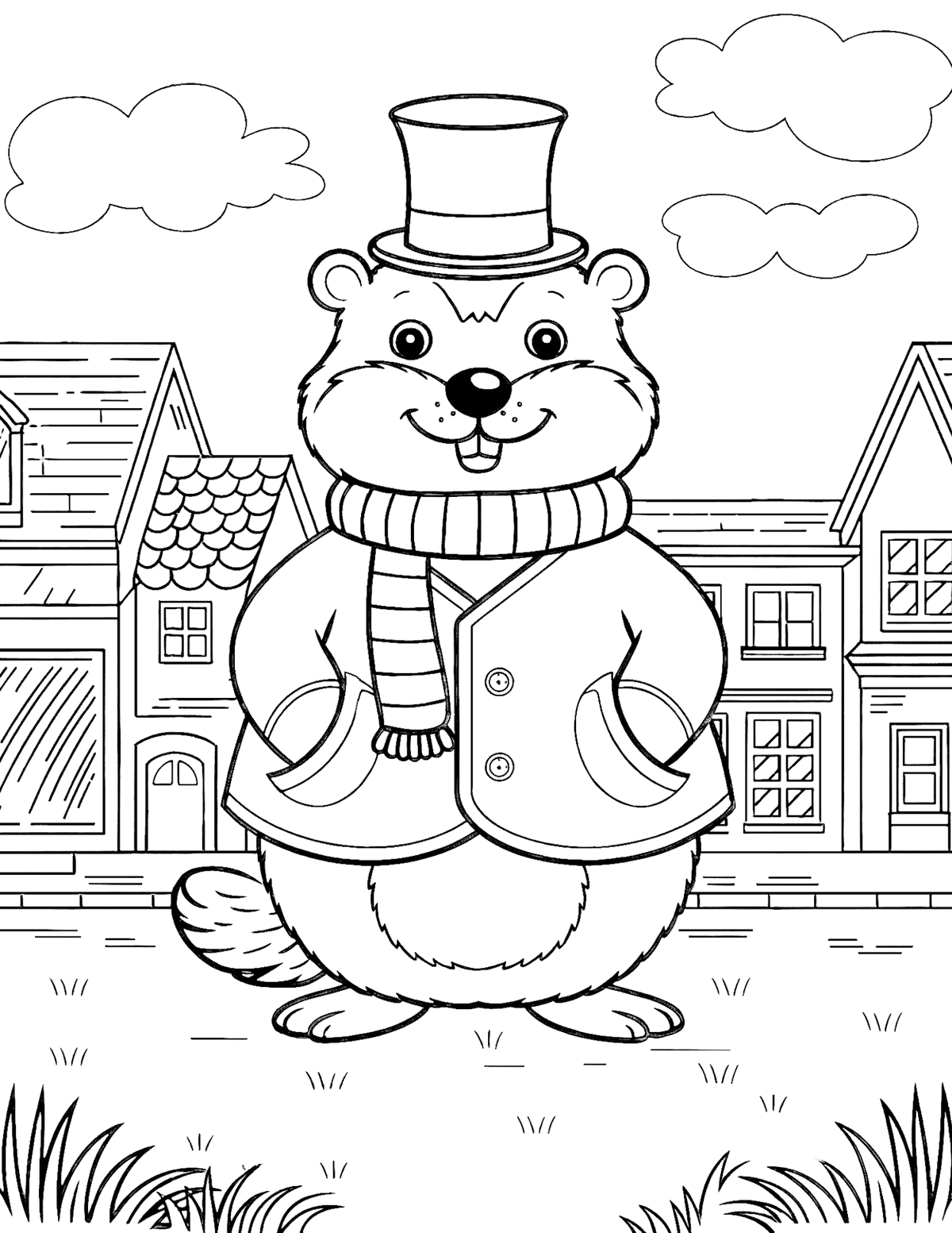 groundhog wearing a top hat, scarf, and winter coat standing in front of houses with clouds in the sky.