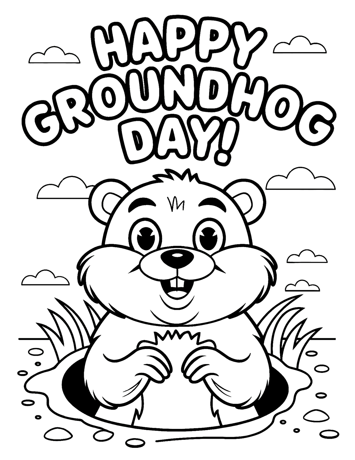 coloring page of a smiling groundhog popping out of its burrow with clouds and grass around it.