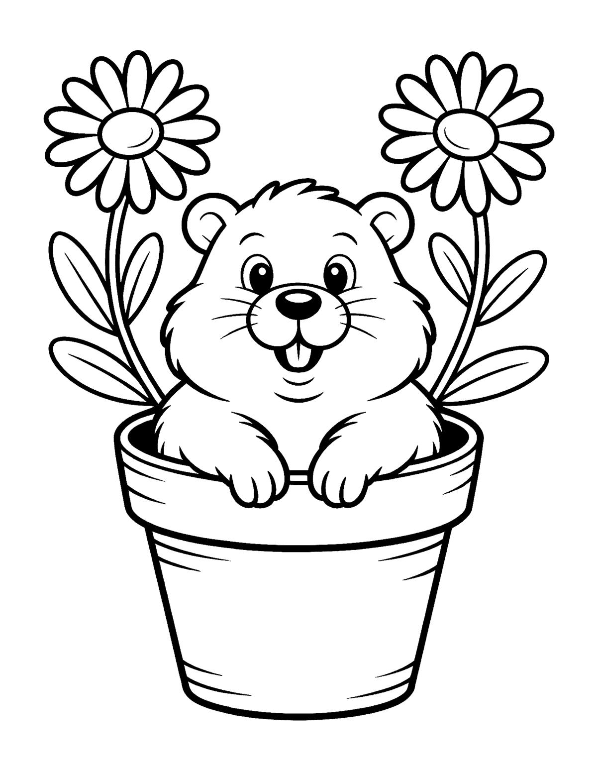 groundhog popping out of a flower pot surrounded by two large daisy flowers.