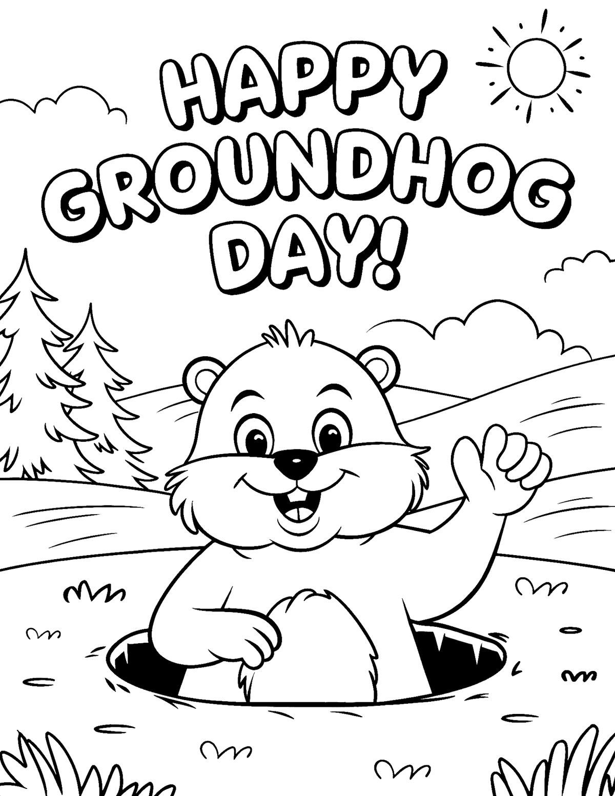 groundhog waving hello while popping out of a burrow with hills, trees, and a sun overhead.