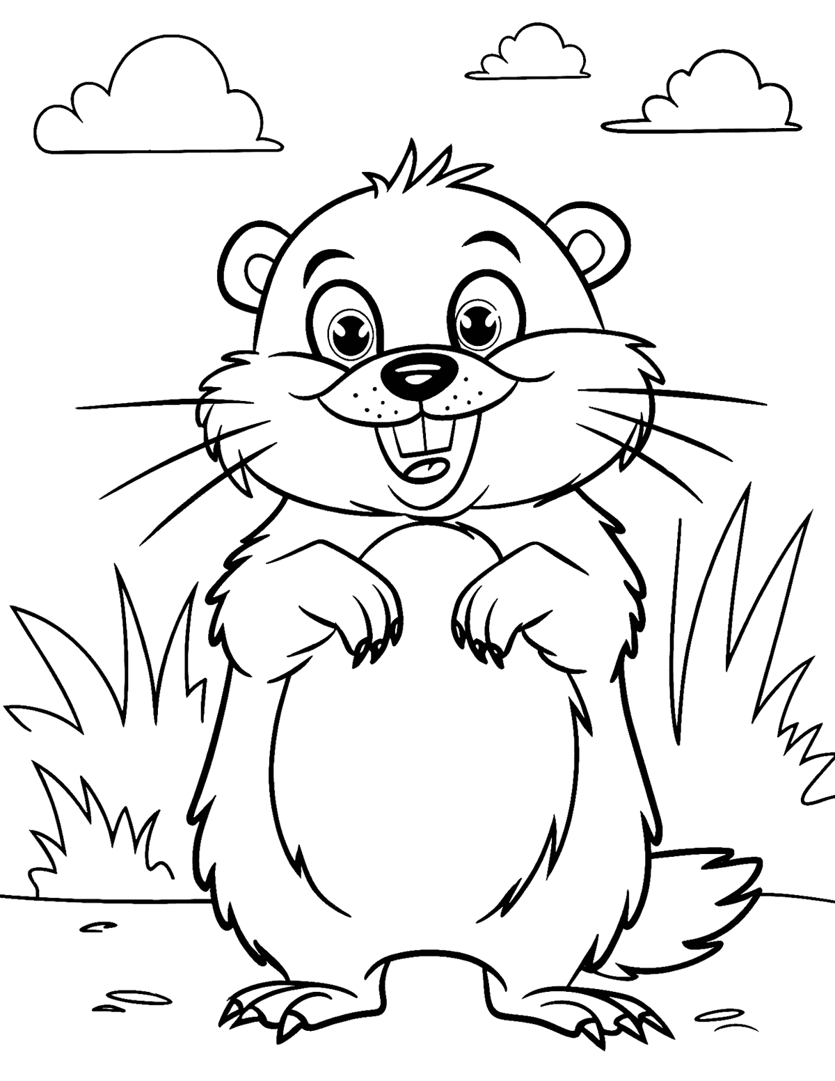 groundhog with long whiskers, raised paws, and grass and clouds behind it.