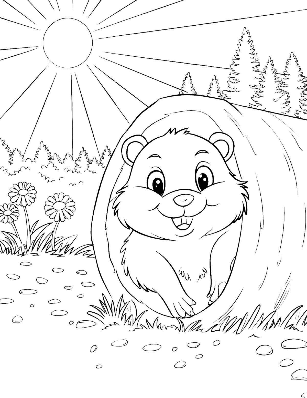 groundhog sitting in the opening of a log with sun rays, trees, flowers, and stones around it.