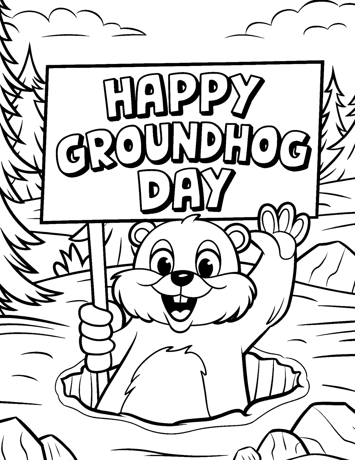 groundhog waving from a burrow while holding a large “Happy Groundhog Day” sign.