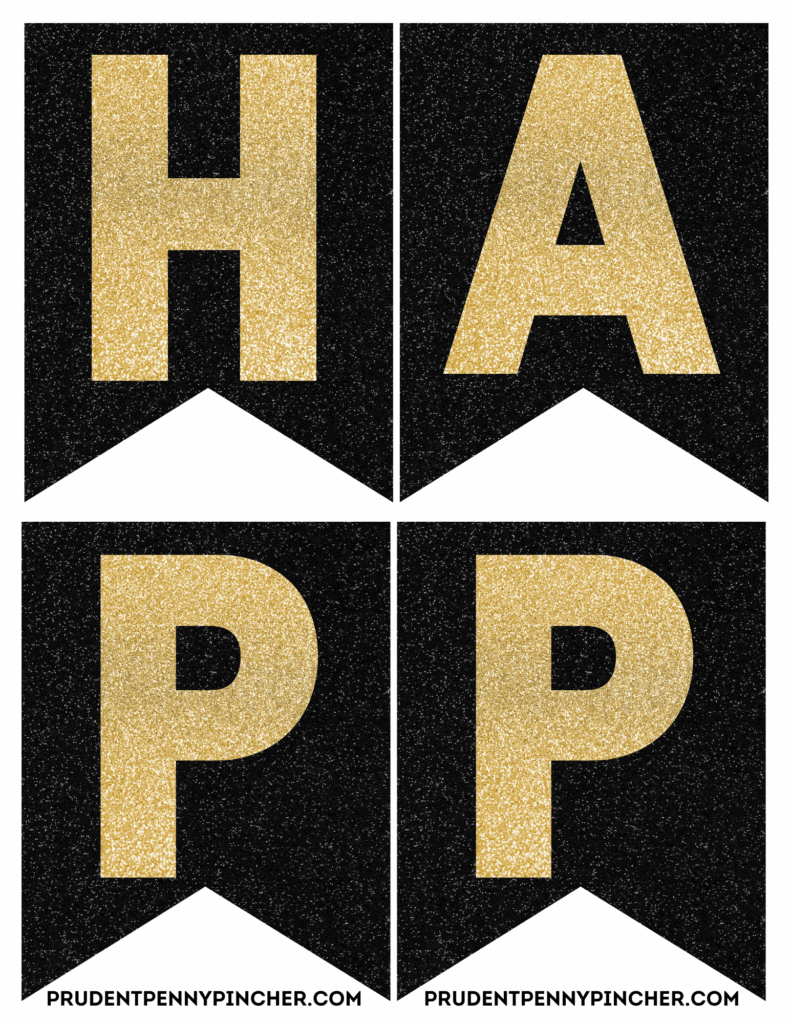 Free Printable New Year’s Eve Banner with large gold glitter letters H, A, P, P.