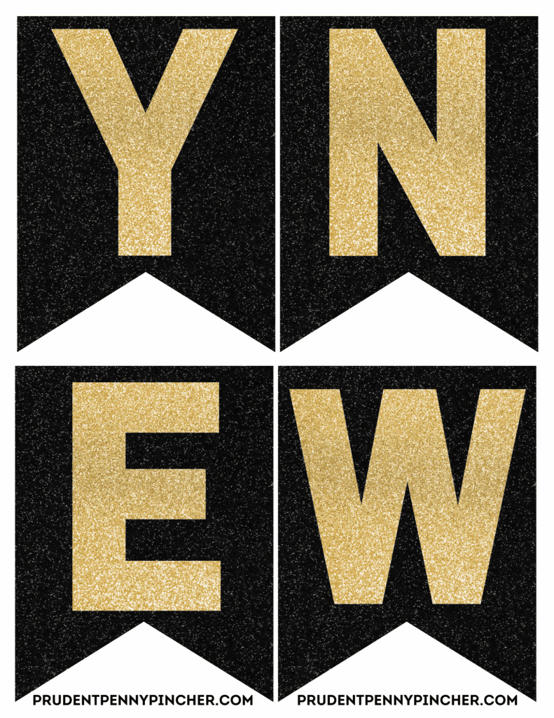 black sparkle background and gold glitter letters Y, N, E, W.