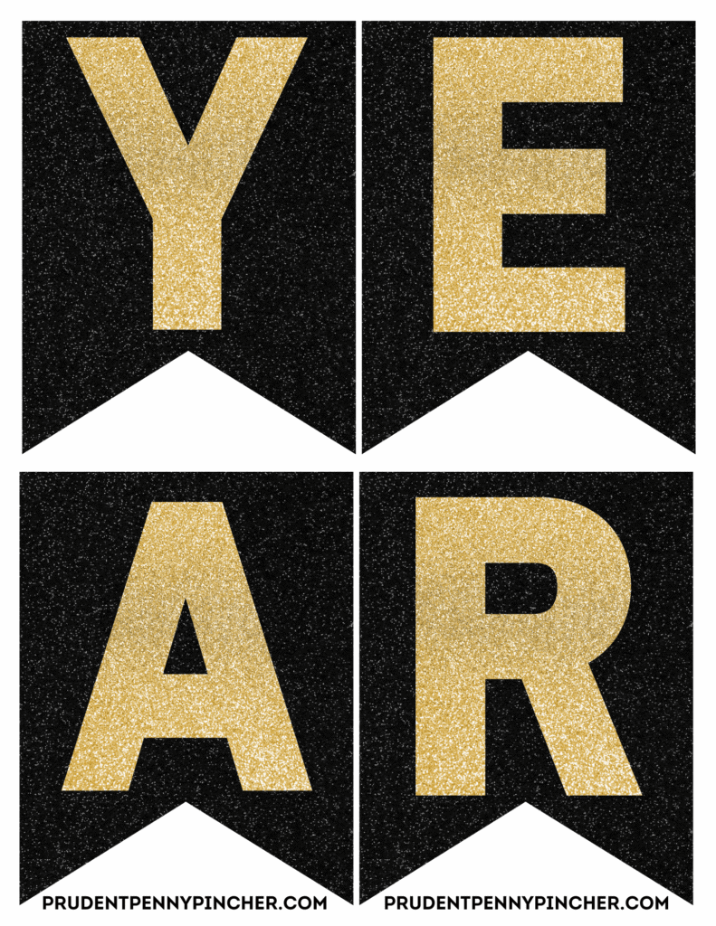 New Year’s Eve Banner gold letters Y, E, A, R on a black backdrop.