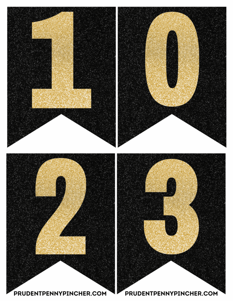 digits 1, 0, 2, and 3 on black glitter flags.