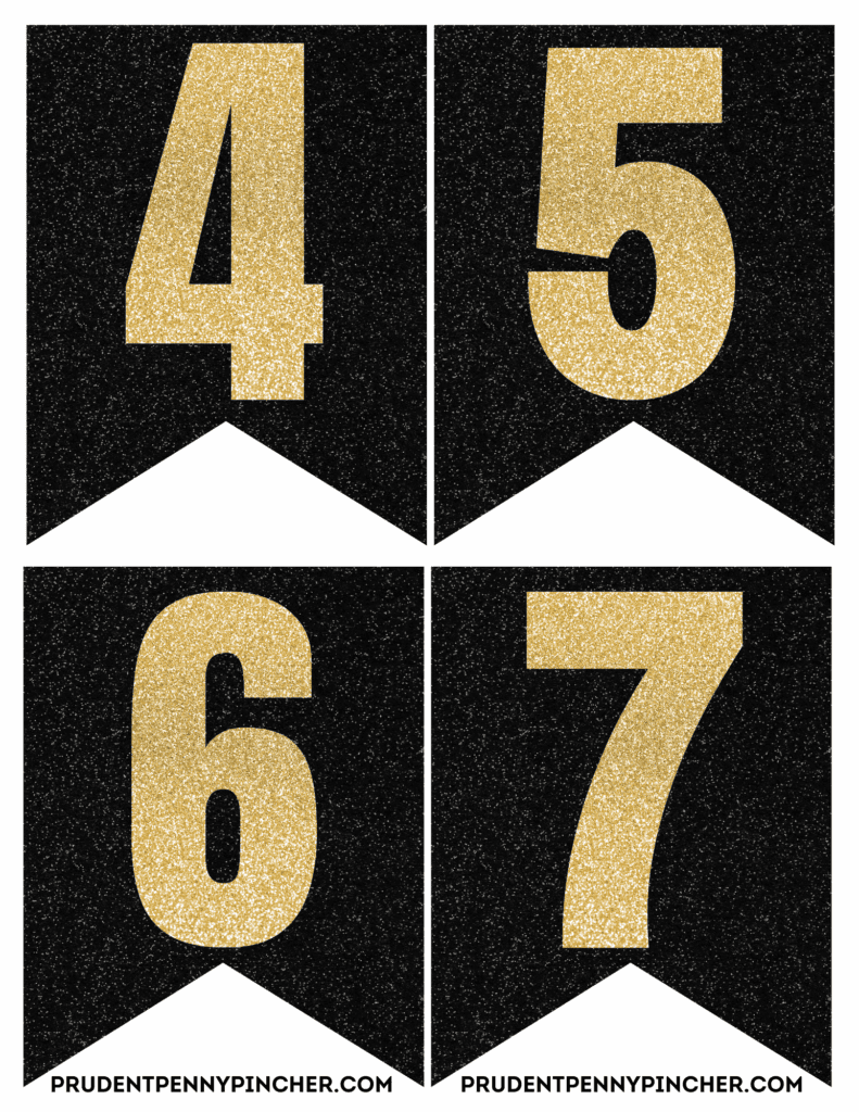Free Printable New Year’s Eve Banner numbers 4, 5, 6, and 7.
