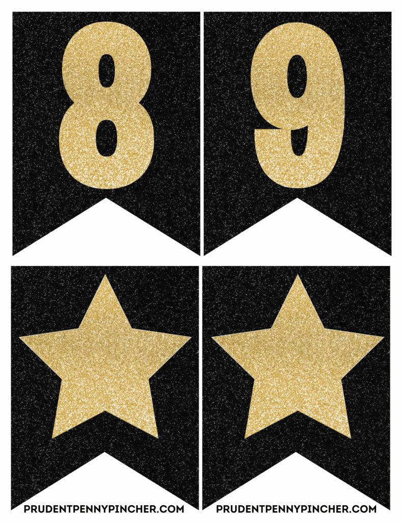 gold glitter 8 and 9 plus two matching gold glitter star pennants on black.