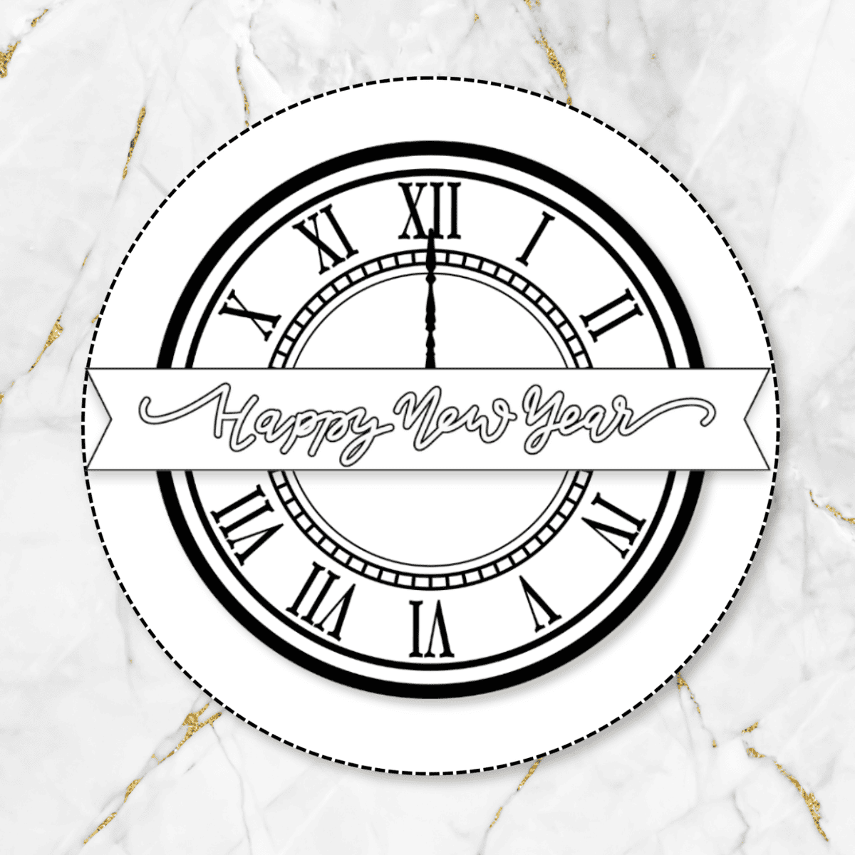 Black-and-white printable New Year clock craft for kids.