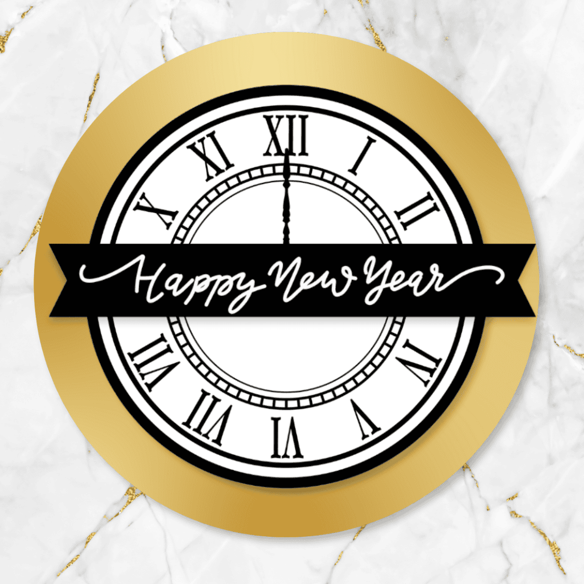 New Year clock craft with a black ribbon banner and white