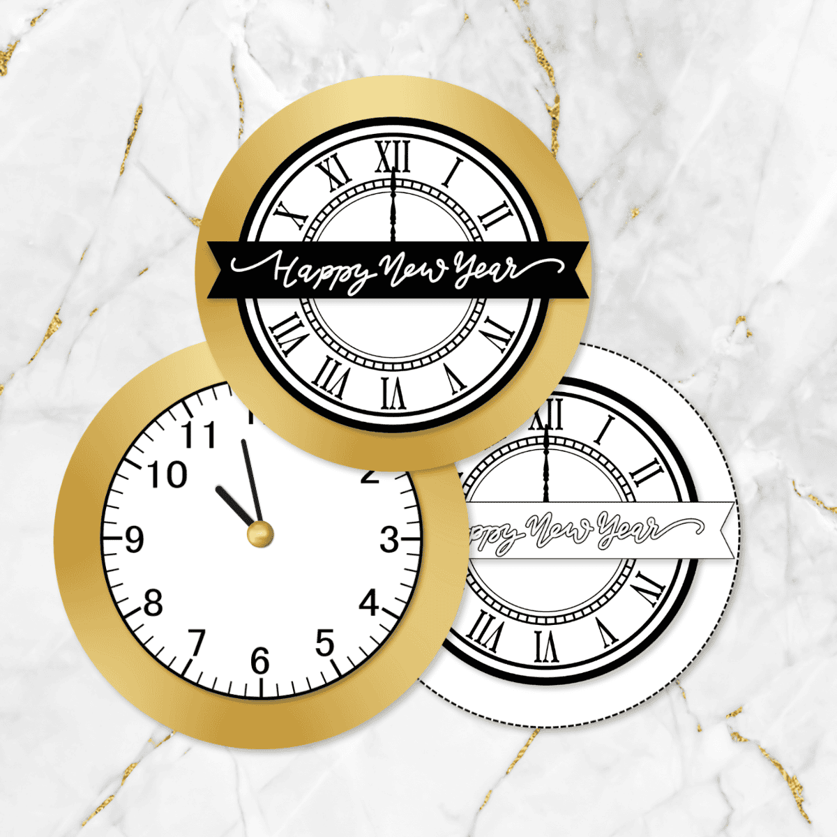 Preview of three midnight clock craft for kids—gold “Happy New Year” clock, gold countdown clock, and a black-and-white cutout version.