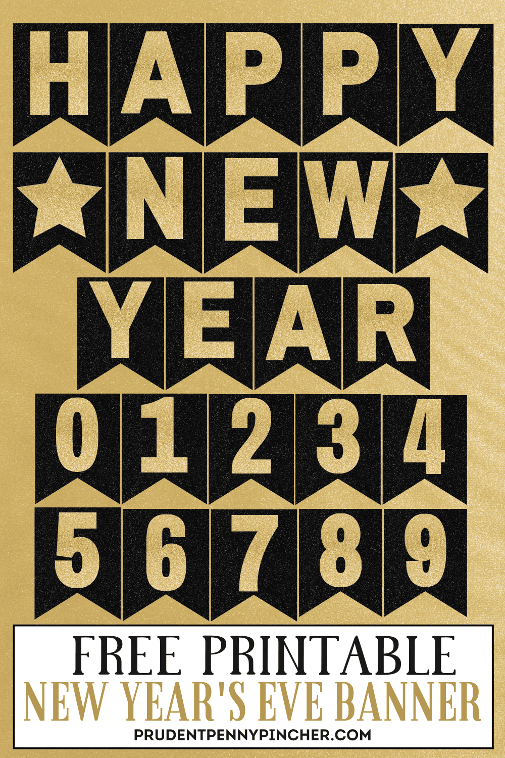 Free printable black and gold Happy New Year banner with glitter-style lettering and number pieces 0–9 for customizing the year.