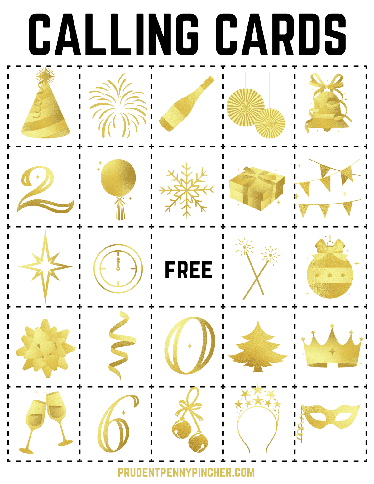 calling cards printable with a grid of gold party icons.