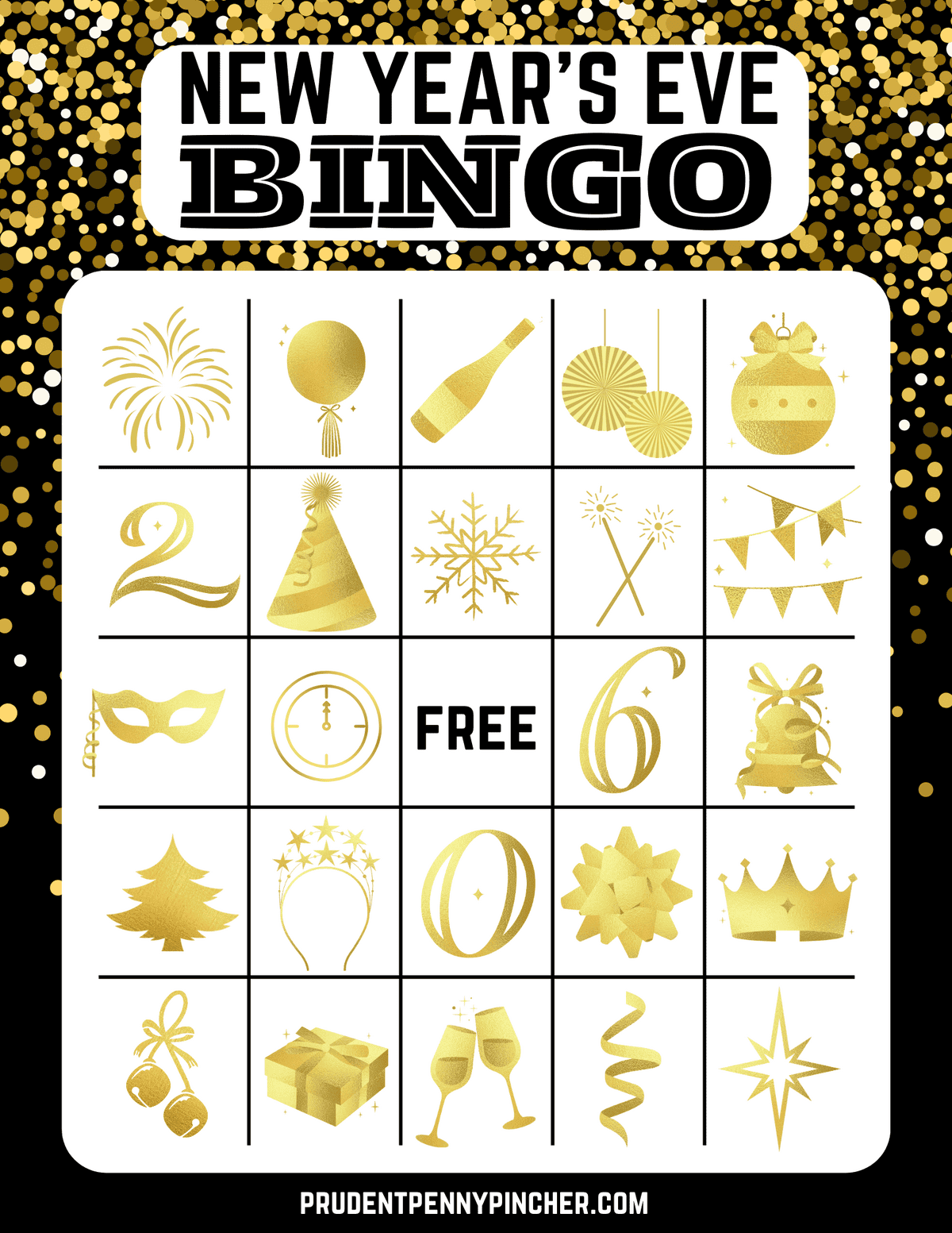 New Year's Eve bingo card printable with