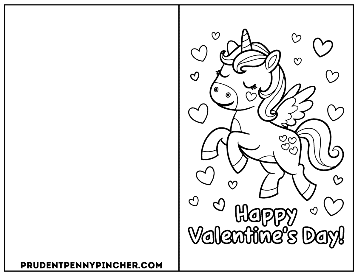 Free printable Valentine's Day coloring card with a winged unicorn surrounded by hearts and the phrase 