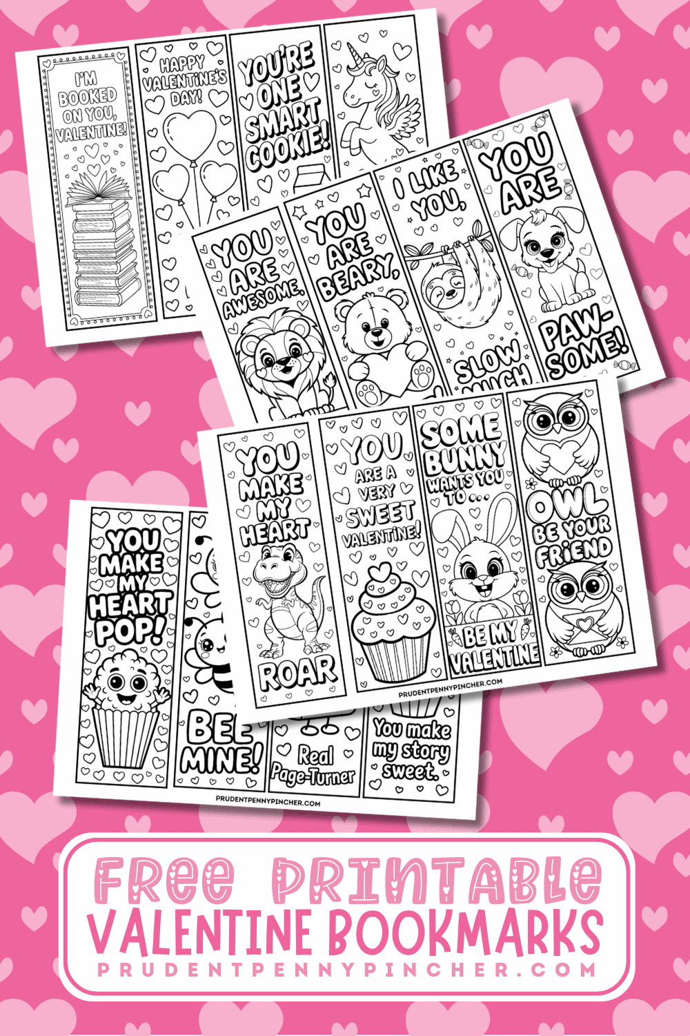 A pink heart background featuring a collage of free printable Valentine coloring bookmarks for kids with cute animals, books, cupcakes, and punny Valentine sayings.