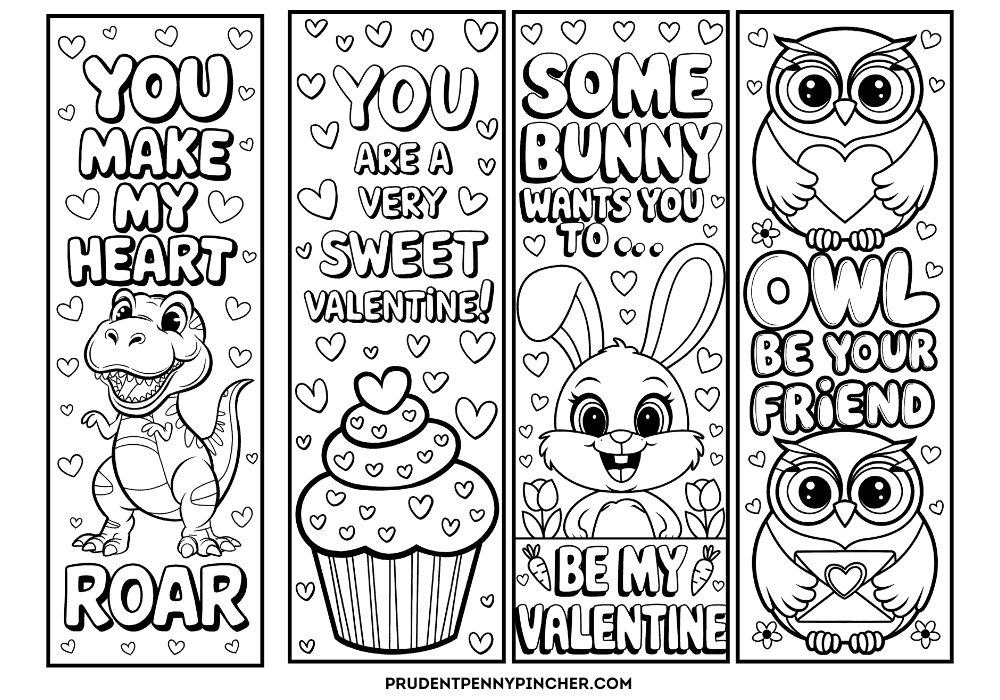 Black and white Valentine coloring bookmarks with a dinosaur, cupcake, bunny, and owl, each with cute punny sayings like “You make my heart roar,” “You are a very sweet Valentine,” “Some bunny wants you to be my Valentine,” and “Owl be your friend,” surrounded by hearts.
