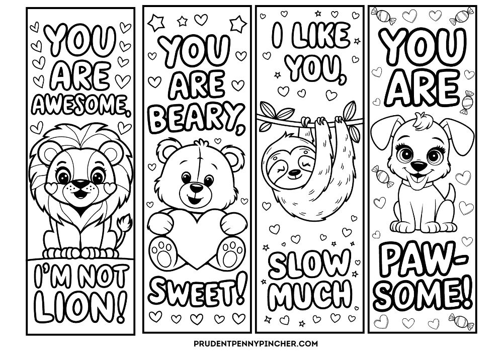 a smiling lion, teddy bear with a heart, hanging sloth, and puppy with hearts and candy, with phrases such as “You are awesome, I’m not lion,” “You are beary sweet,” “I like you slow much,” and “You are pawsome.”