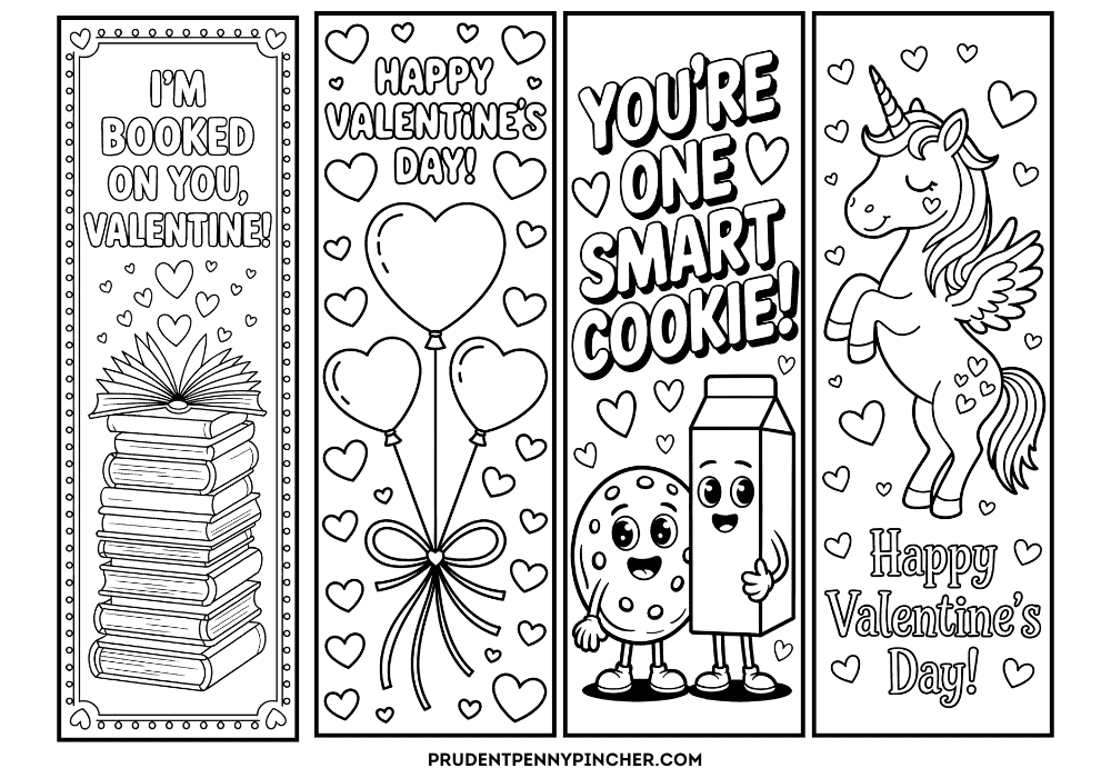 Valentines with a stacked book pile, heart balloons, smiling cookie and milk, and a unicorn, including punny messages like “I’m booked on you, Valentine,” “Happy Valentine’s Day,” and “You’re one smart cookie.”