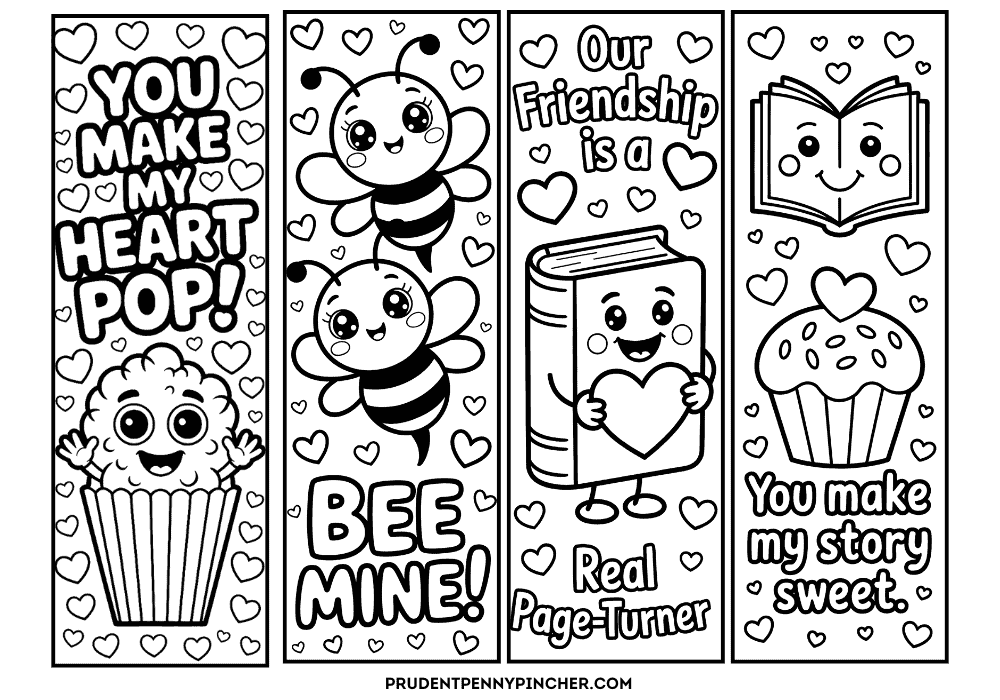 cute popcorn bucket, two bees, a smiling book holding a heart, and a cupcake, with phrases like “You make my heart pop,” “Bee mine,” “Our friendship is a real page-turner,” and “You make my story sweet.”