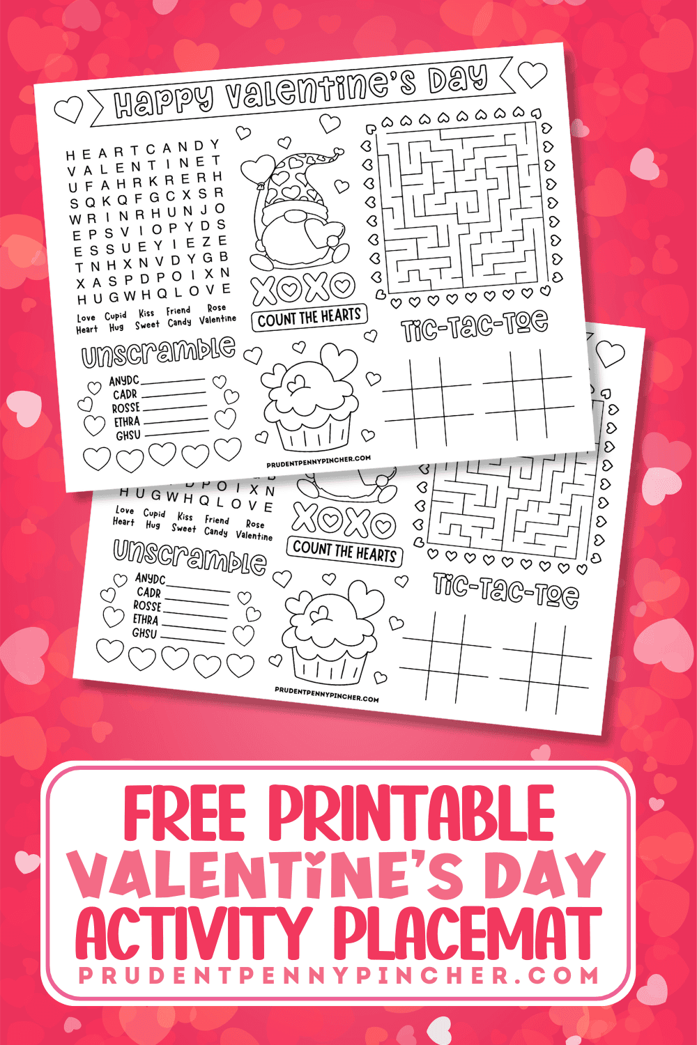 two Valentine’s Day activity placemat printables on a pink heart background.
