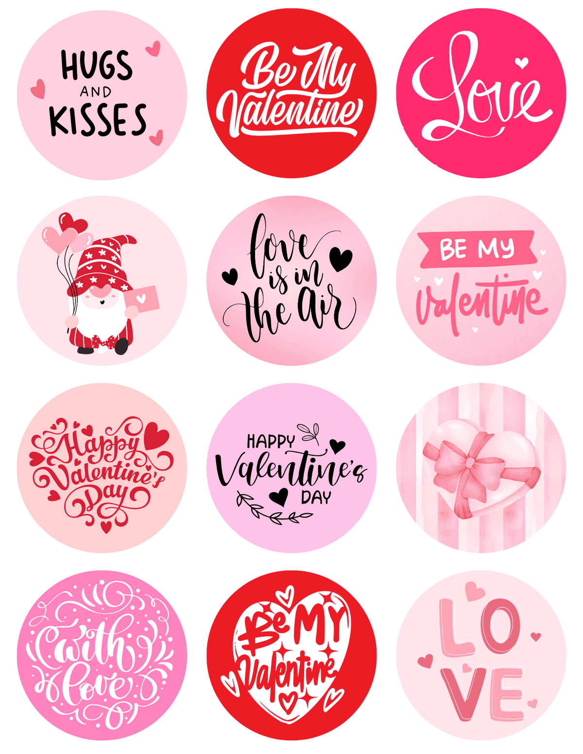free printable Valentine’s Day round stickers with “Happy Valentine’s Day,” “Be Mine,” “Love,” “Love is in the Air,” gnome, and heart pattern designs in pink and red.