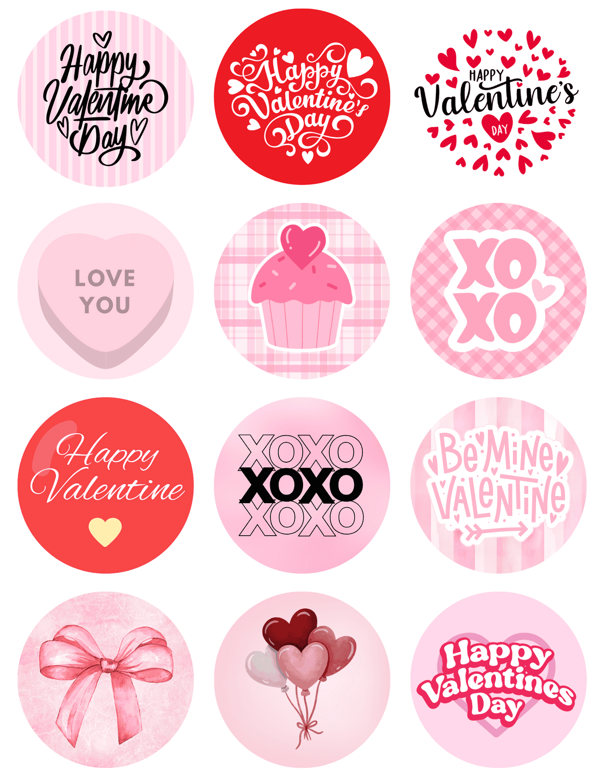 printables with “Happy Valentine’s Day,” “Made With Love,” heart icons, car, bunny, cat cupcake, teddy bear, and gingham heart designs.