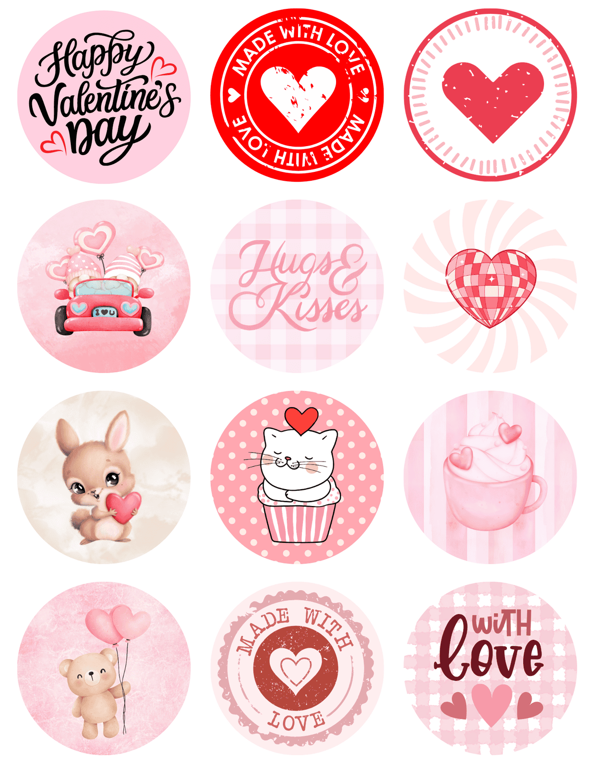 stickers with “XOXO,” “Love You,” cupcake, bow, and balloon designs in pink and red.