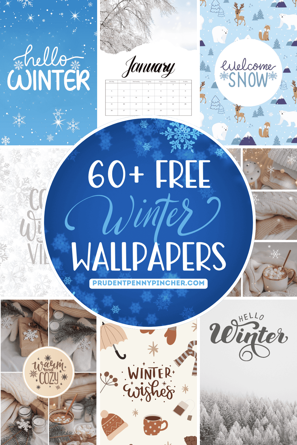 A collage of 60+ free winter phone wallpapers featuring hello winter quotes, January calendar designs, cute polar animals, cozy neutral photos, snowflakes, and winter wishes graphics.