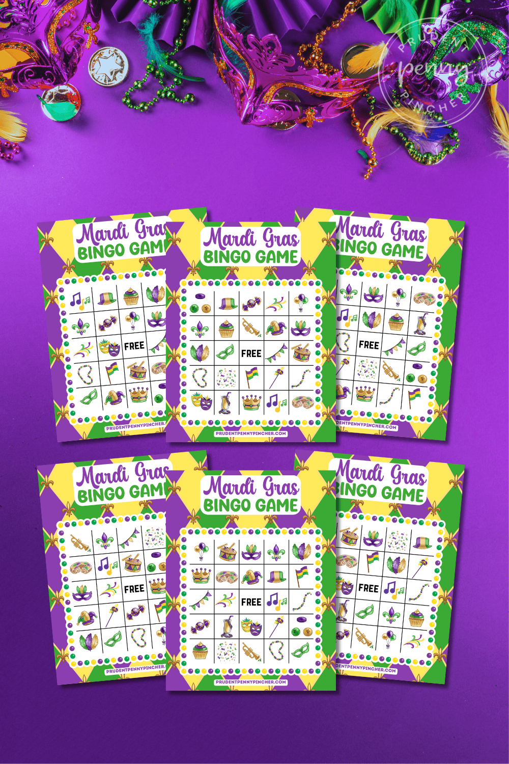 Mardi Gras bingo printable set with five bingo cards laid out on a purple background.