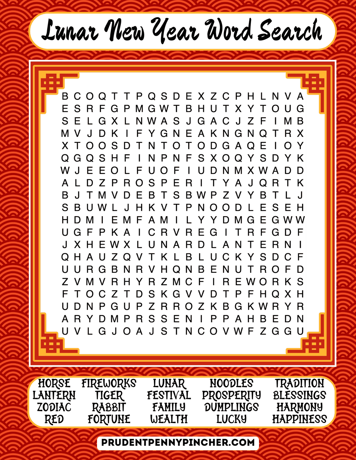Hard Lunar New Year word search printable