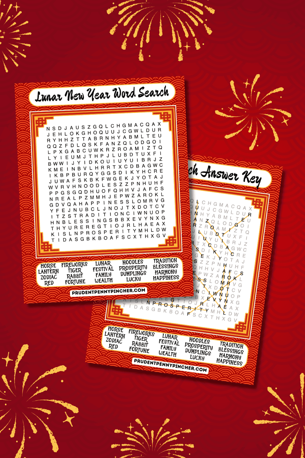 Lunar New Year word search printable and its answer key on a red background with gold fireworks.