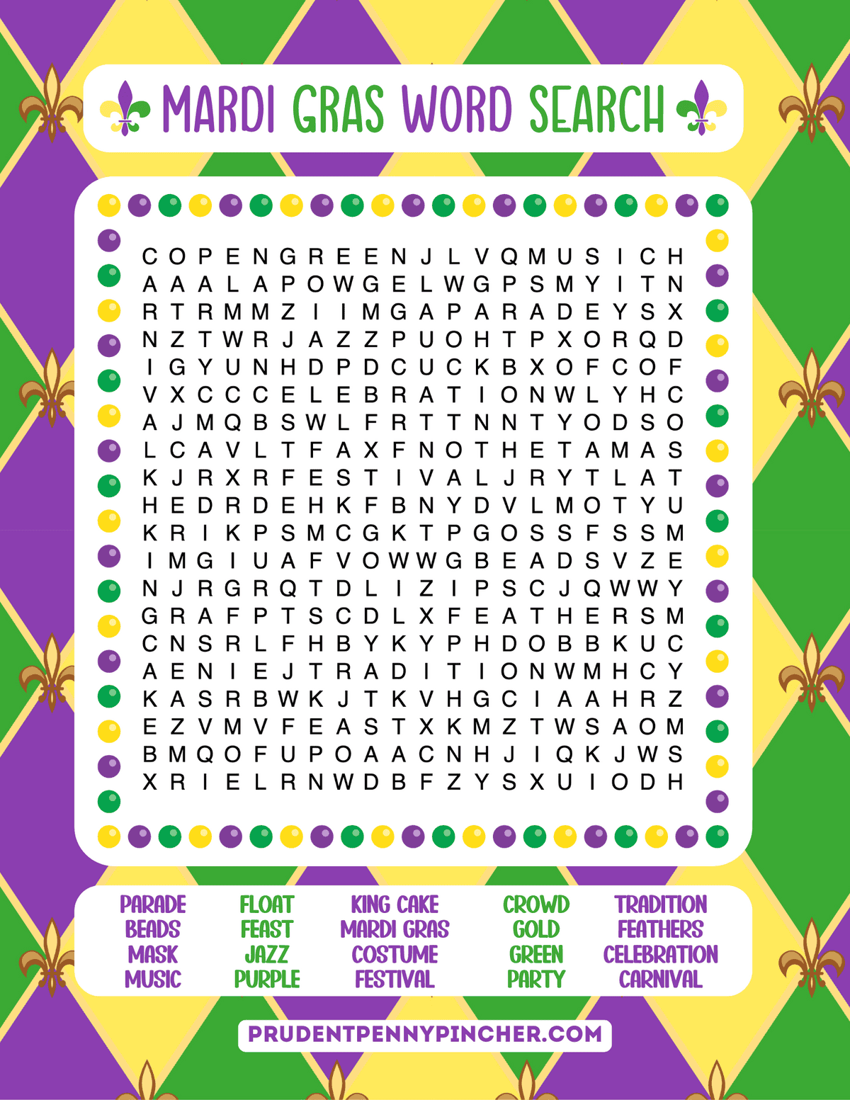 Easy Mardi Gras word search printable page with a purple-green-gold background.