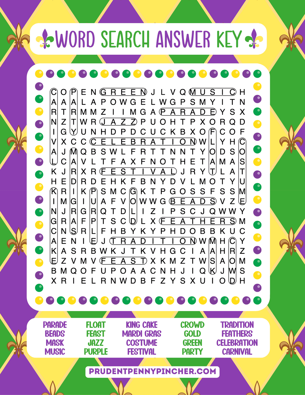 word search answer key page with the completed grid.