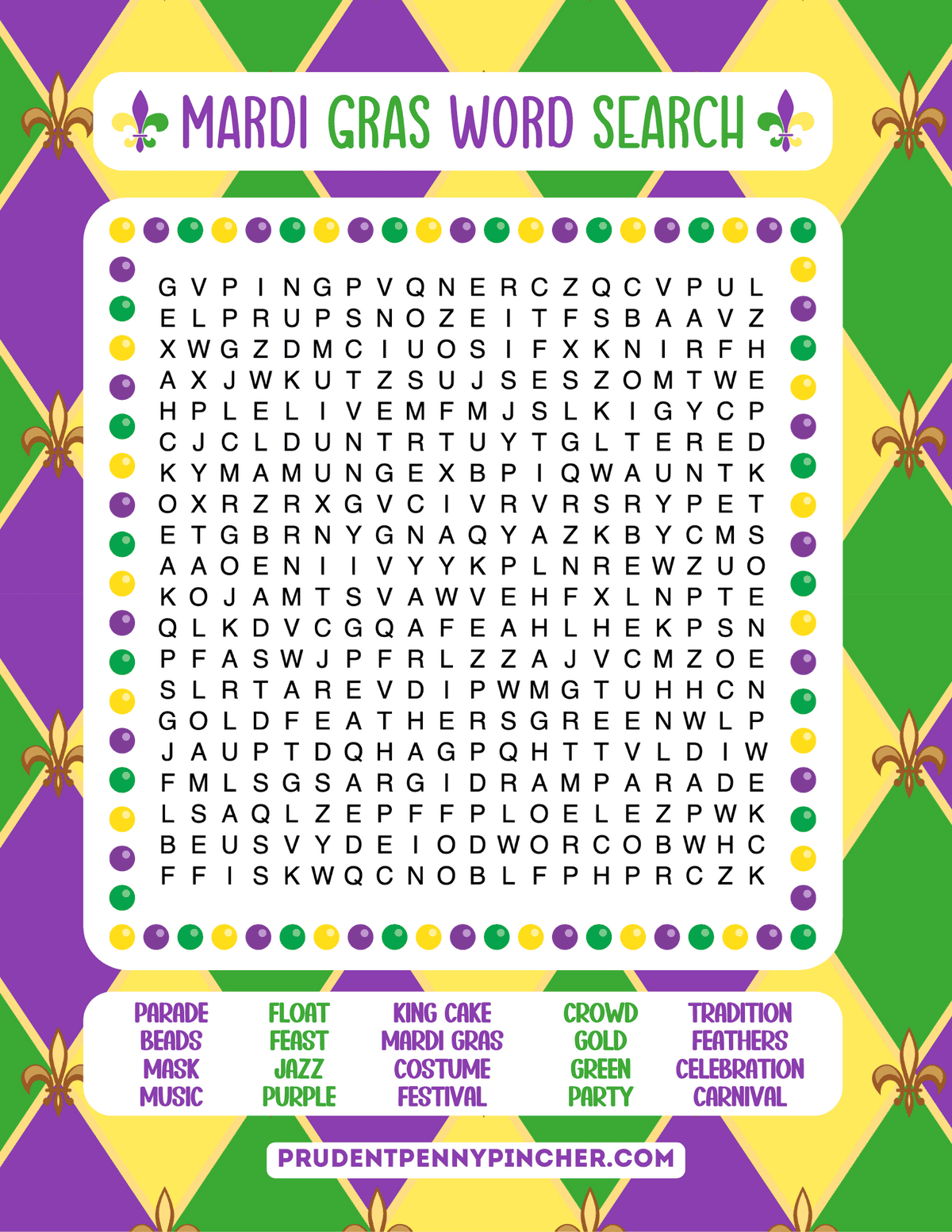 Hard Mardi Gras word search printable.