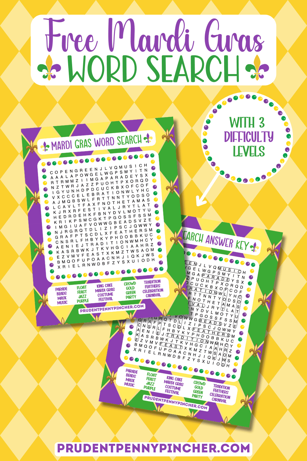 Free Mardi Gras Word Search puzzle pages on a yellow background.
