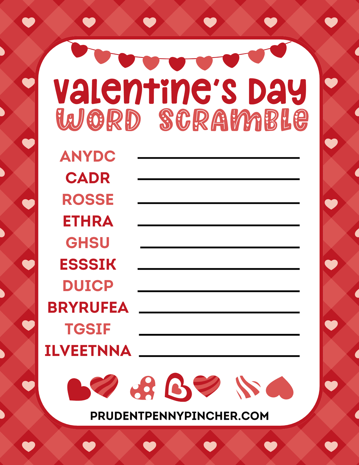 Valentine's Day word scramble printable with red and pink checkered heart border, 10 scrambled Valentine words, and blank lines for kids to write answers.