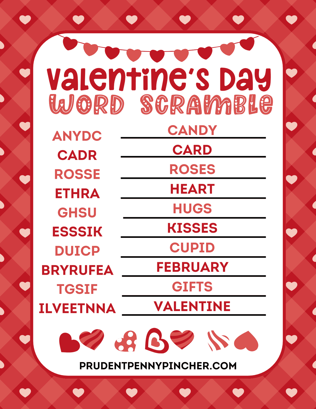 answer key printable showing the completed unscrambled words with matching heart border.
