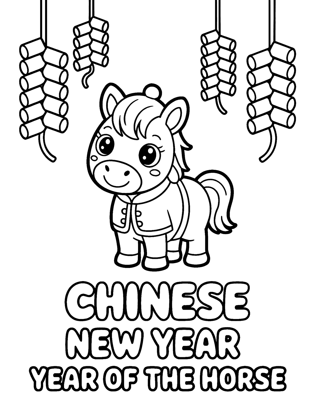 a cute horse under hanging firecrackers and large bubble letters reading “CHINESE NEW YEAR”